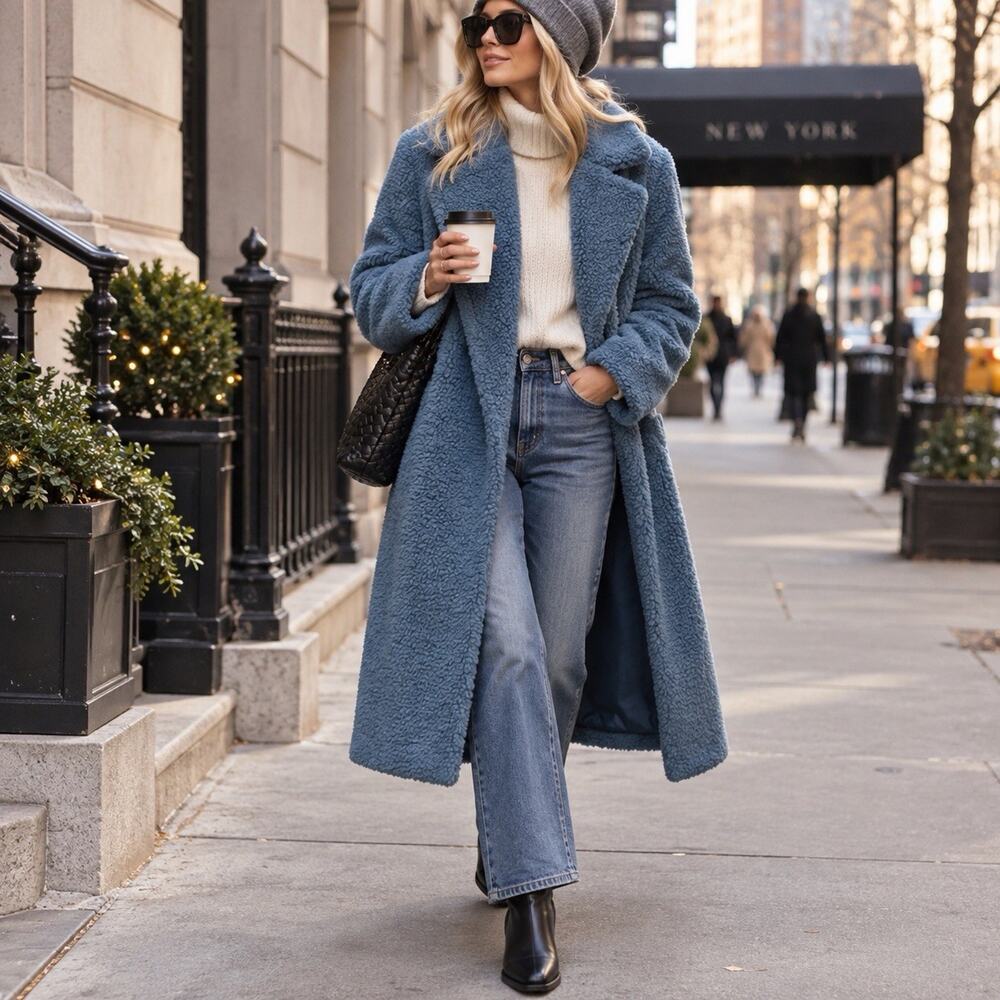 LOFT Teddy Coat Blue Faux Fur Oversized Sherpa Notched Lapel Cozycore Sz S